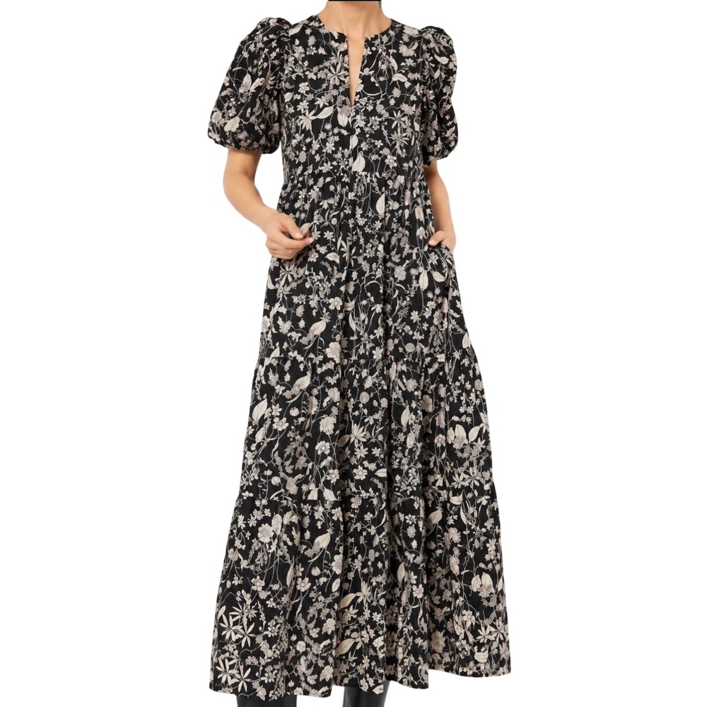 NWOT Hyacinth House Black Floral Puff Sleeve Tiered Maxi Dress HN3751D Small